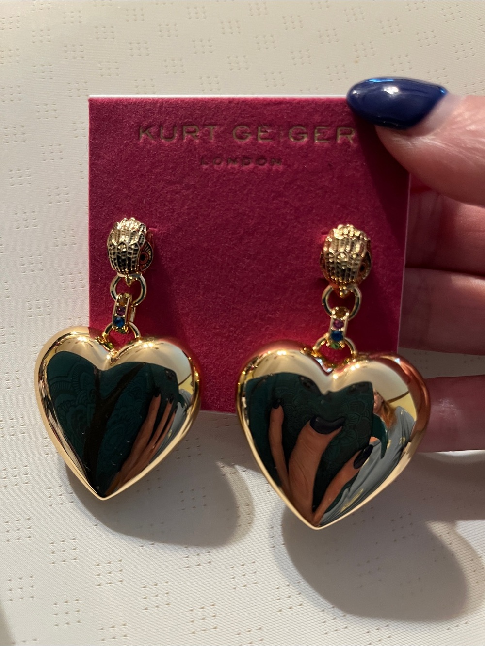 NWT Kurt Geiger Gold Heart Drop Earrings with Dark Green Inset